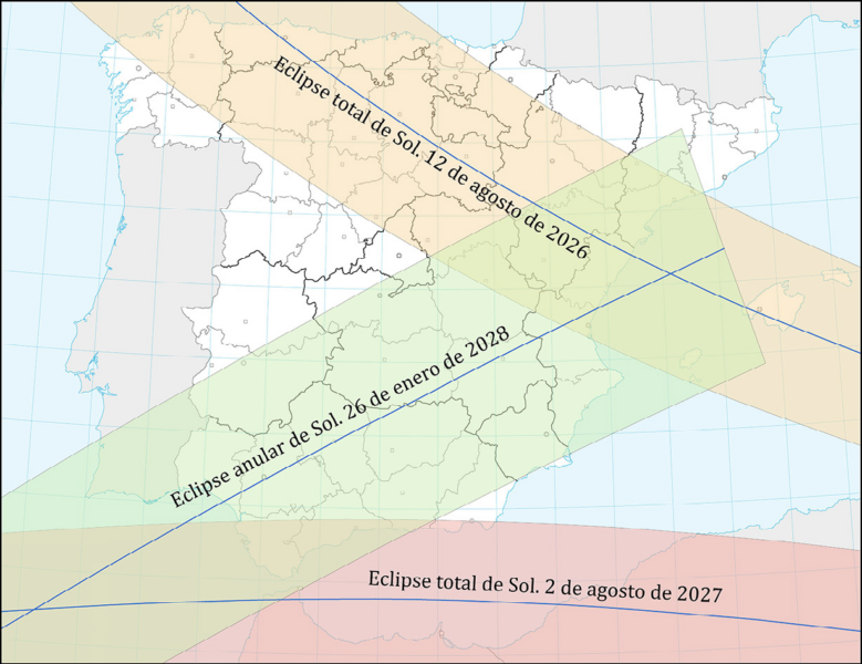 Mapa das traxectorias dos tres eclipses solares 2026–2028 sobre a Península Ibérica